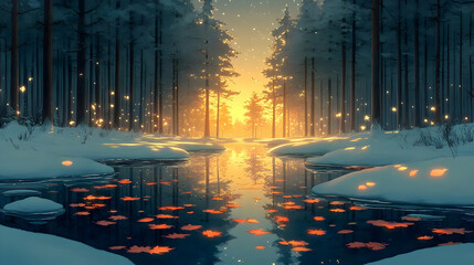 Naklejka premium Winter Forest Stream Illustration