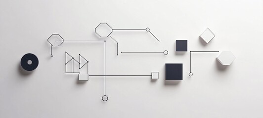 Abstract geometric minimal composition of overlapping shapes lines and polygons in a balanced symmetrical layout with a clean modern and futuristic aesthetic