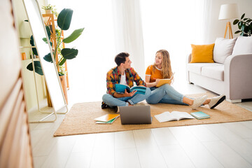 Happy young couple studying together in a bright and cozy living room during daylight, enjoying their time
