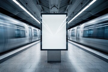 Blank white billboard in subway with train motion blur and cool lighting creating energy and sleek urban design