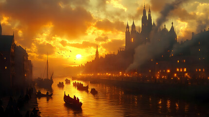 Obraz premium Golden Sunset Canal Cityscape Illustration