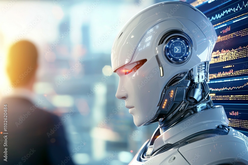 Poster a robot with a human face is standing in front of a building