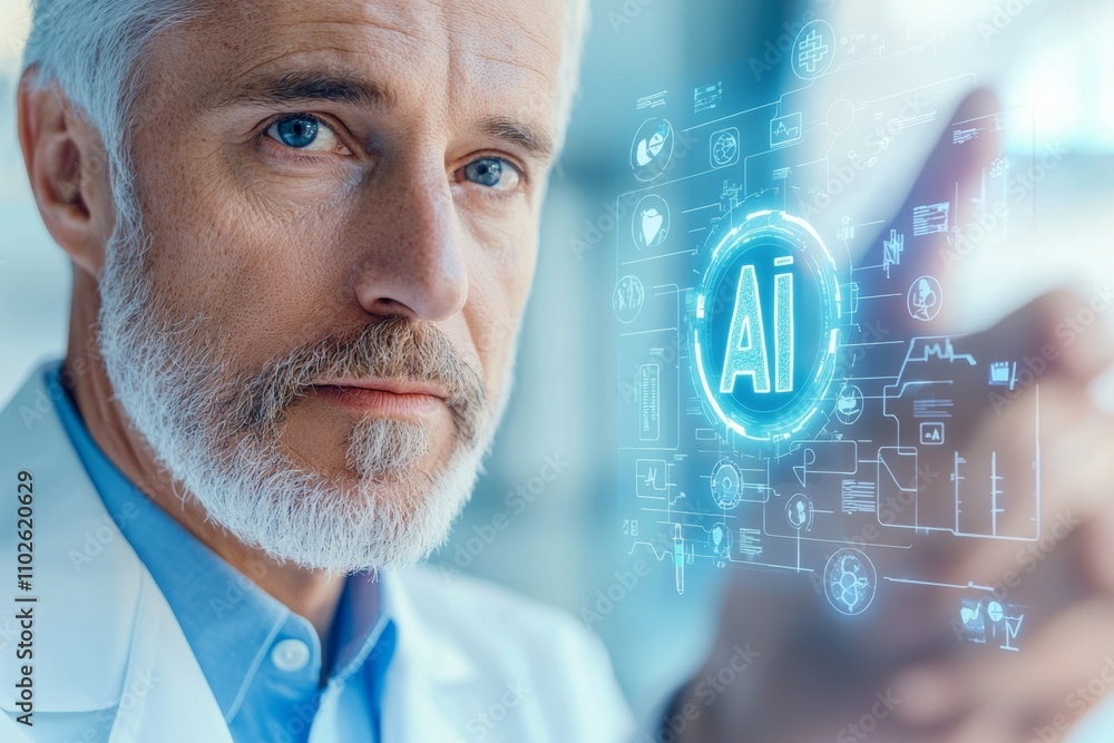 Poster a man in a white lab coat is pointing at a computer screen with a blue ai symbol