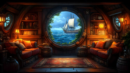 Ocean View Cabin Illustration: Wooden Room with Ship