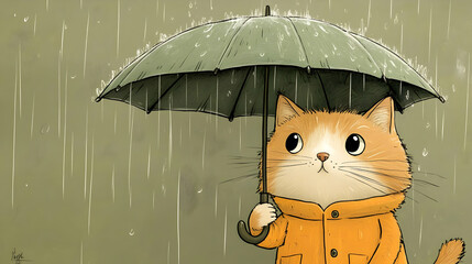 Rainy Day Cat Illustration: A Cute Feline Under an Umbrella