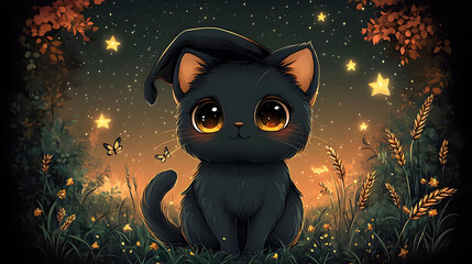 Cute Black Cat Illustration Night Stars