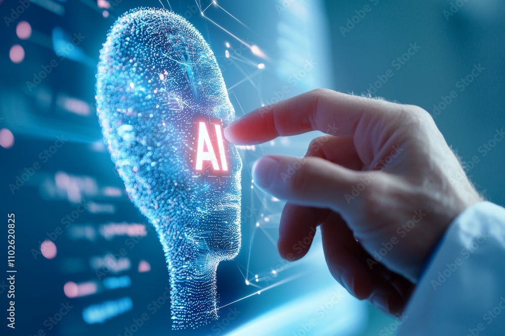 Poster a hand is pointing at a face with the letters ai on it