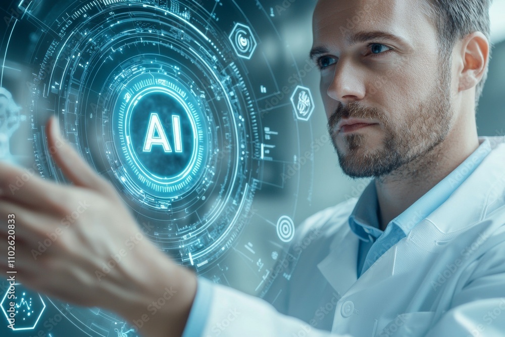 Poster a man is looking at a computer screen with a blue circle that says ai