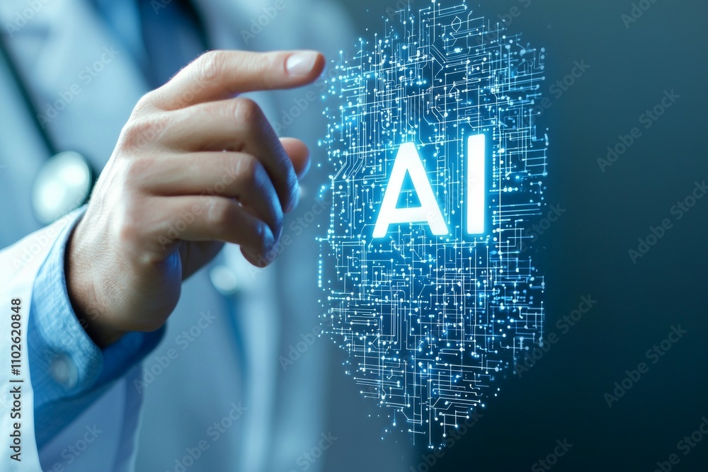 Poster a doctor is pointing to a computer screen with the word ai on it
