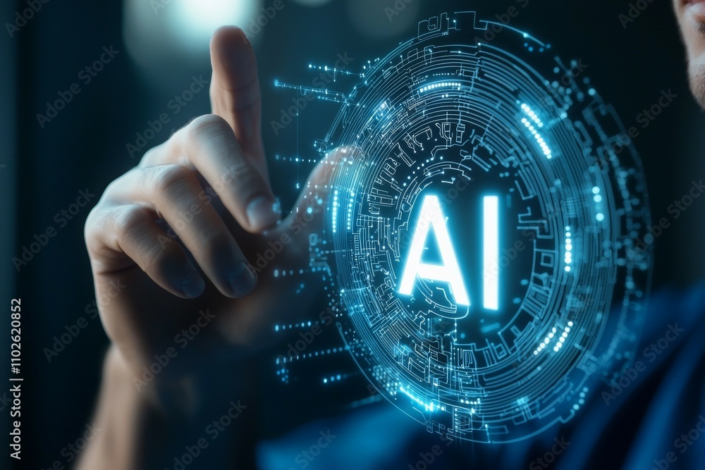 Poster a person is pointing at a blue circle with the letters ai on it