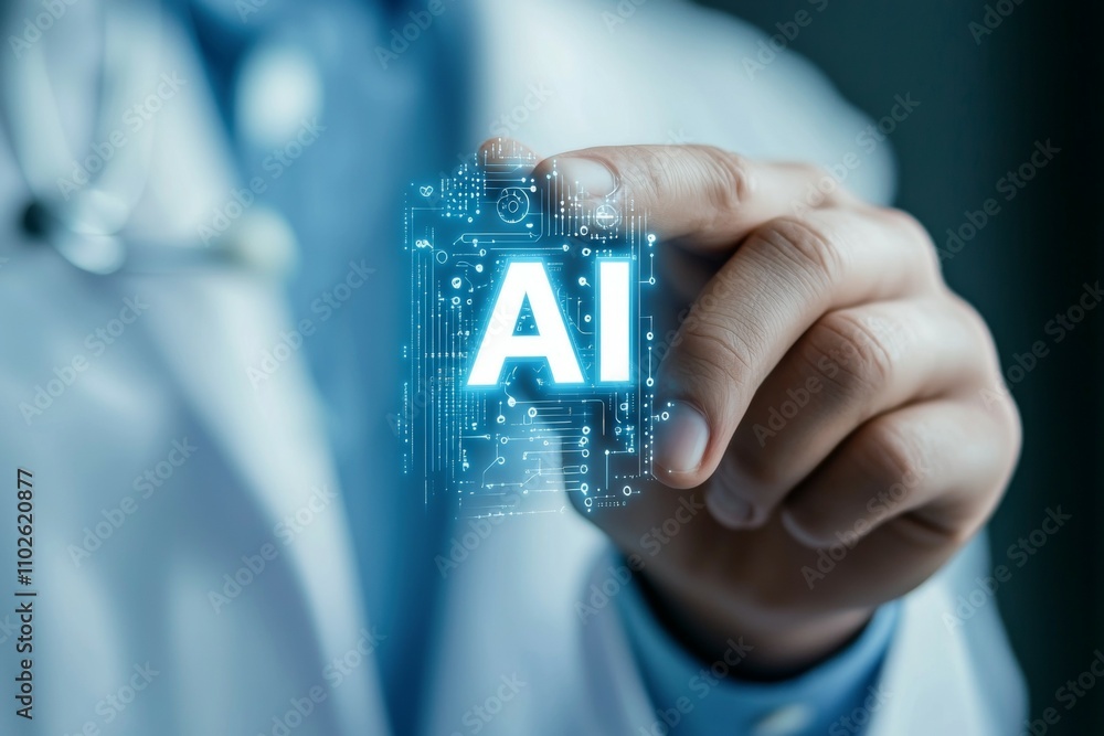 Poster a doctor is holding a hand up to a computer screen with the word ai on it