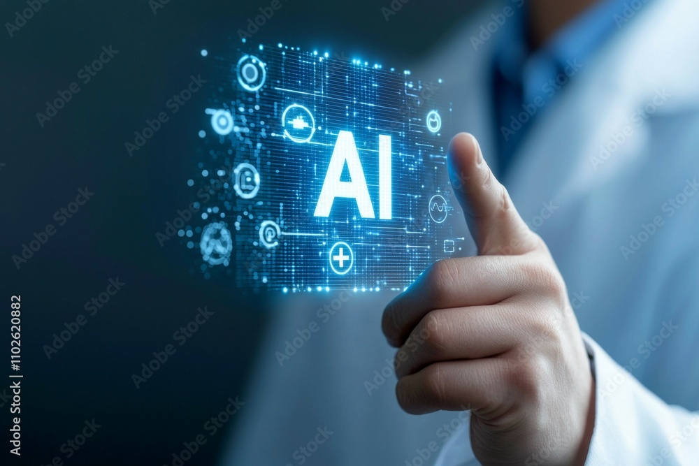 Poster a person is pointing at a screen with the word ai on it