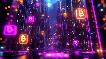 Futuristic Neon-Lit Digital Cityscape with Glowing Bitcoin Symbols