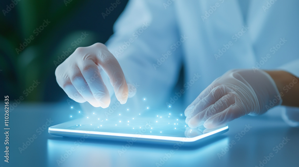 Poster a scientist interacting with a holographic tablet in a futuristic lab environment.