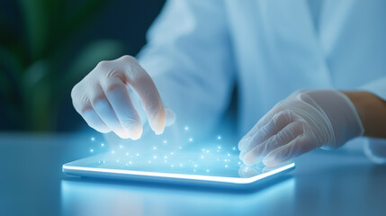 A scientist interacting with a holographic tablet in a futuristic lab environment.