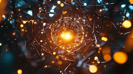 Glowing Bitcoin Orb Surrounded by Blockchain Nodes - Digital Financial Innovation Art