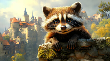 Obraz premium Smiling Raccoon Illustration, Medieval Castle Background