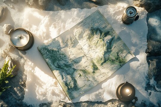 A top-down view of a map surrounded by lanterns on a rocky surface, suggesting exploration.