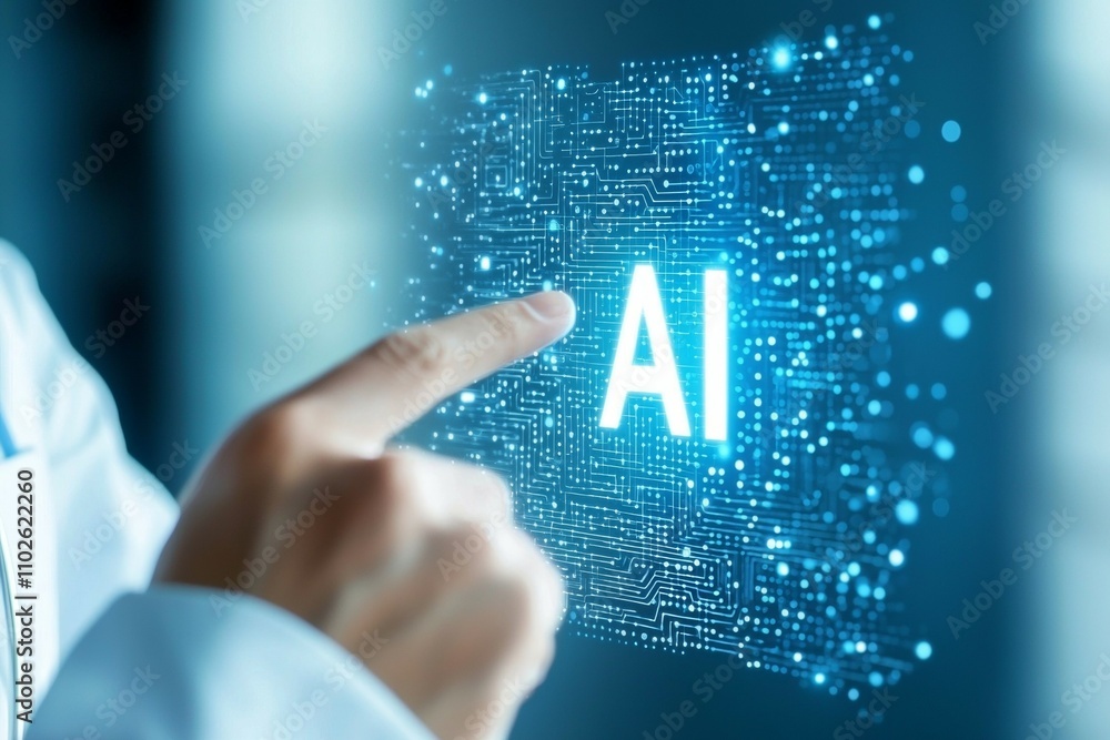 Poster a person is pointing at the word ai on a computer screen