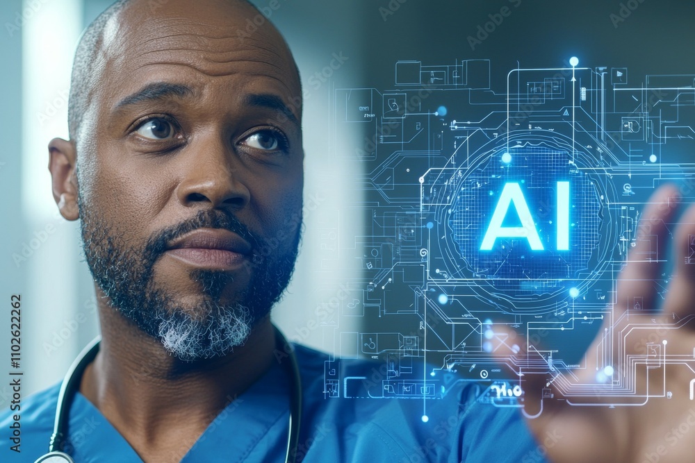 Aufkleber a man in a blue scrubs is pointing at a computer screen with the word ai on it