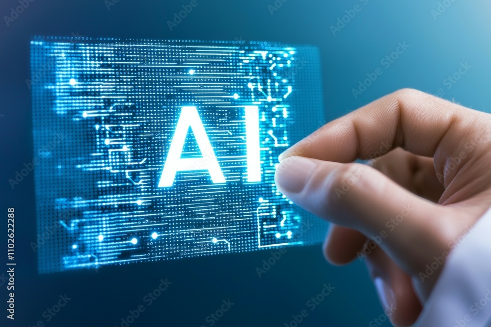 Poster a hand is pointing at a screen with the word ai on it