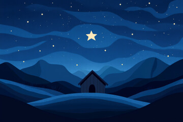 Fototapeta premium A serene night landscape featuring a cozy house under a starry sky and rolling hills.