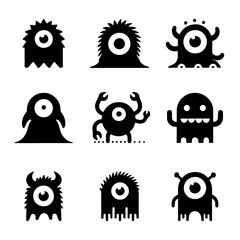 Collection of Nine One-Eyed Monsters: A Cute and Spooky Illustration. Collection of Monster Silhouettes