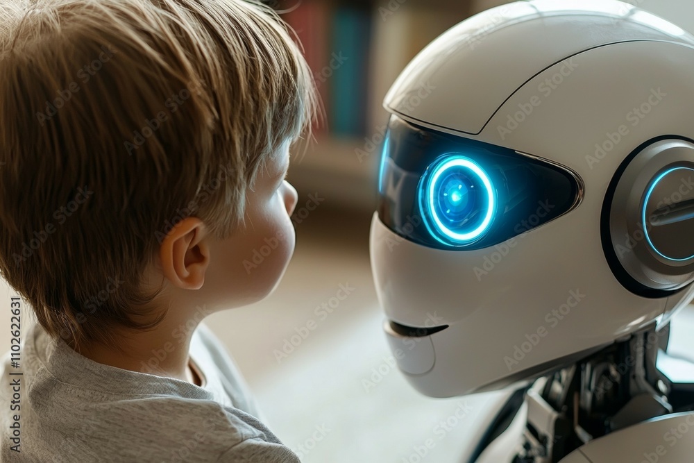 Poster a child is looking at a robot with a smile on its face