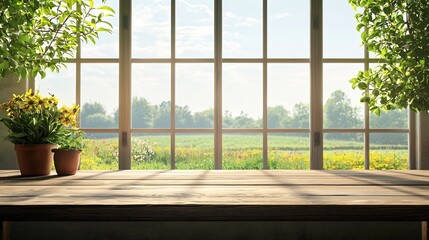 Bright Countryside View Through Large Windows in Cozy Wooden Interior