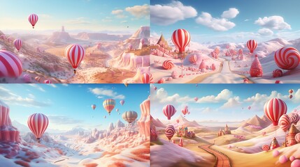 A whimsical hot air balloon ride over a landscape of candy cane fields and gumdrop mountains, capturing the magic of Christmas from high above.