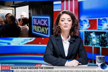 TV journalist comments concerning insane black friday shopping and showcases footage of retail...