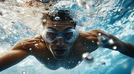 Fototapeta premium Underwater Close-up of a Swimmer with Goggles, Surrounded by Bubbles