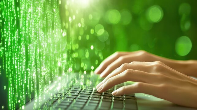 A programmer typing on a keyboard, with a green matrix-inspired background representing technology and code