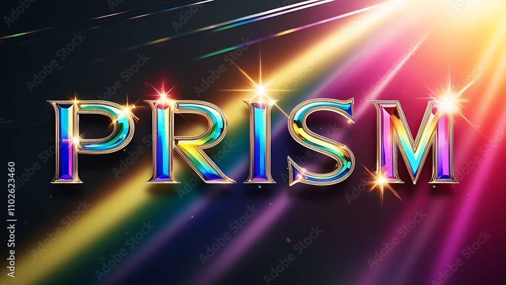Poster prismatic text effect with vibrant rainbow lights and sparkles on dark background.