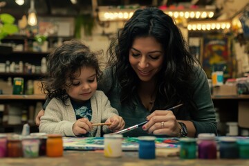 A mother and child joyfully painting together in a creative space.