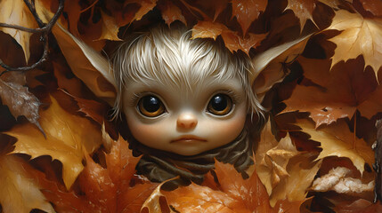 Autumnal Fantasy Illustration: A Little Creature Among Leaves