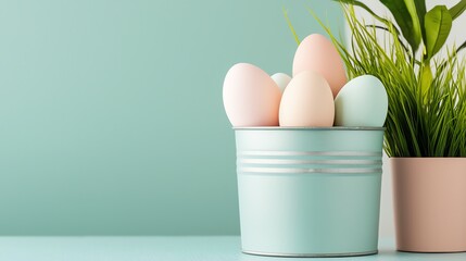 Fototapeta premium A pastel-themed arrangement featuring colored eggs in a mint bucket, complemented by a potted plant against a soft green background.