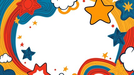 A colorful, whimsical border featuring stars, clouds, and swirls, creating a vibrant frame for any content or message.