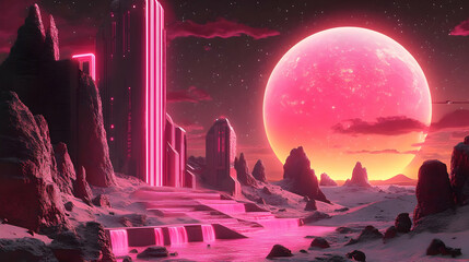 Pink Neon Futuristic Cityscape 3D Illustration
