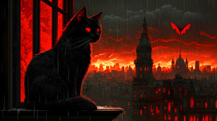 Rainy Cityscape Illustration: Black Cat Silhouette