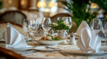 A beautifully set table in a hotel restaurant with elegant decor and delicious-looking dishes.