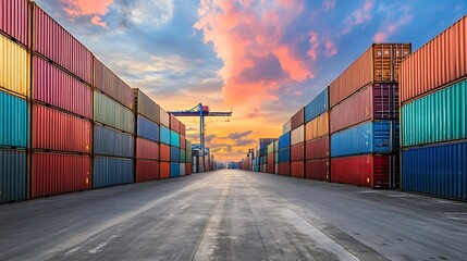 Fototapeta premium Shipping containers at sunset. Global logistics and transportation concept.