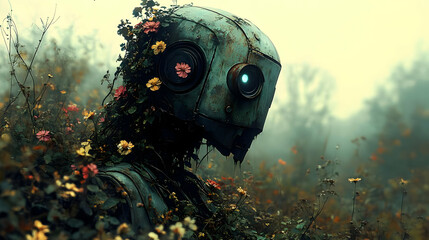 Rusty Robot in Bloom Digital Illustration
