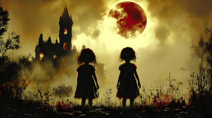 Dark Twin Girls Illustration, Haunted Mansion Background