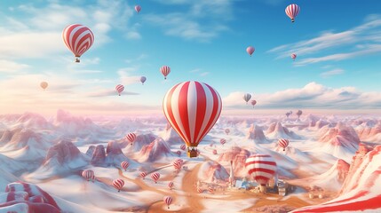 A whimsical hot air balloon ride over a landscape of candy cane fields and gumdrop mountains, capturing the magic of Christmas from high above.