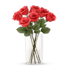 Fototapeta premium A bouquet of vibrant red roses arranged in a clear glass vase, showcasing elegant petals and lush green leaves.