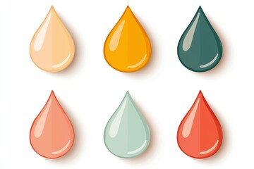 A collection of six colorful droplet shapes, showcasing various hues including peach, orange, teal, and coral, ideal for design or art inspiration.