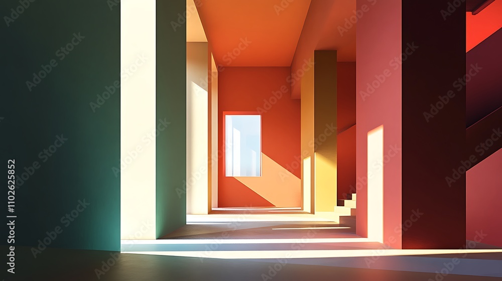 Poster abstract architectural rendering of a sunlit interior with colorful walls and a staircase.