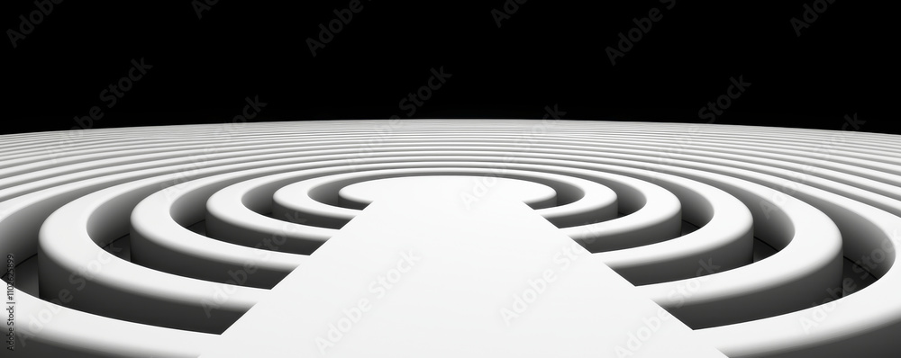 Poster abstract design featuring concentric circles and a central pathway on a dark background.