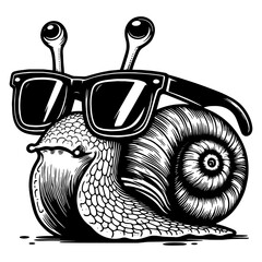 Snail wearing sunglasses in detailed black and white drawing style, on a white background.